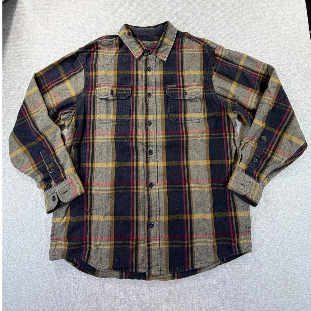 Orvis Men Large Gold Plaid Heavyweight Flannel Button Front Shacket Shirt Jacket